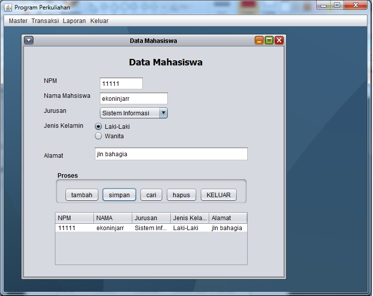 Membuat form Data Mahasiswa Java Netbeans koneksi Database 