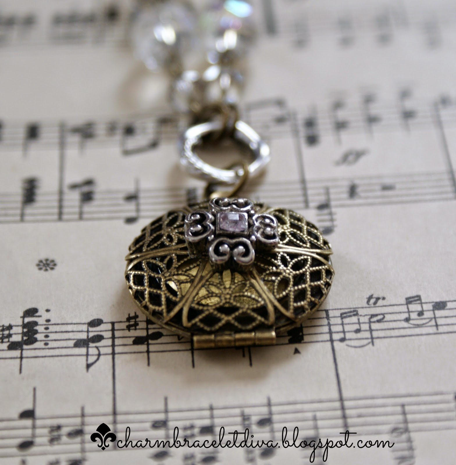 antique brass filigree locket necklace with repurposed charm 