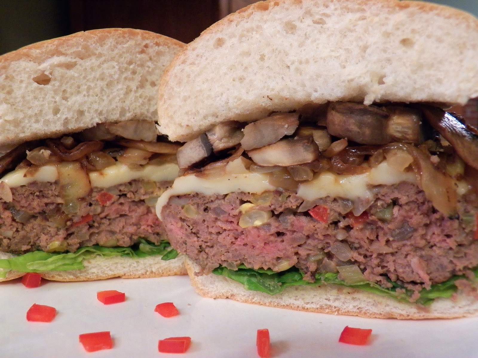 BEEF AND VEGGIE BURGER WITH CARAMELIZED ONIONS AND MUSHROOMS In Good