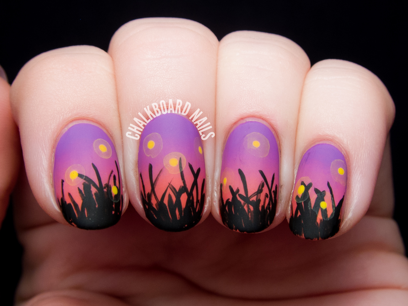 Fireflies at Sunset nail art by @chalkboardnails