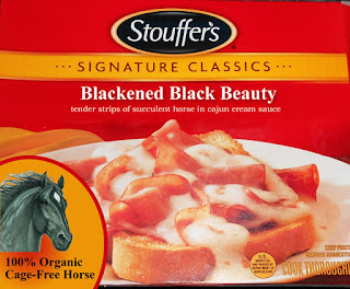 funny horse meat, blackened black beauty, horse frozen dinner