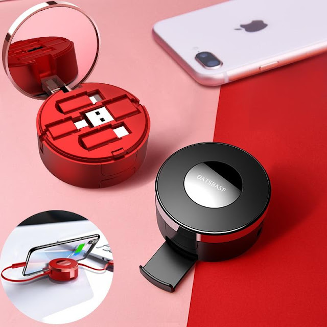 3-in-1 Retractable Micro, Type C, Apple USB Charging Kitwith Mirror & Stand