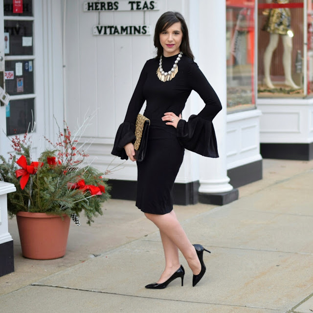 Bell Sleeve Black Top with Pencil Skirt and Leopard Clutch