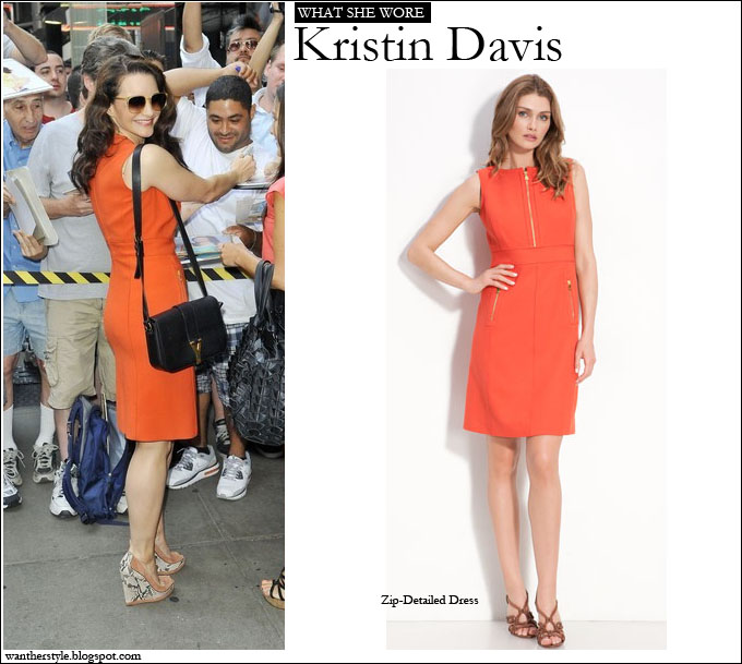 WHAT SHE WORE: Kristin Davis in Orange Zip Detailed Tory Burch Sleeveles  Dress ~ I want her style - What celebrities wore and where to buy it.  Celebrity Style