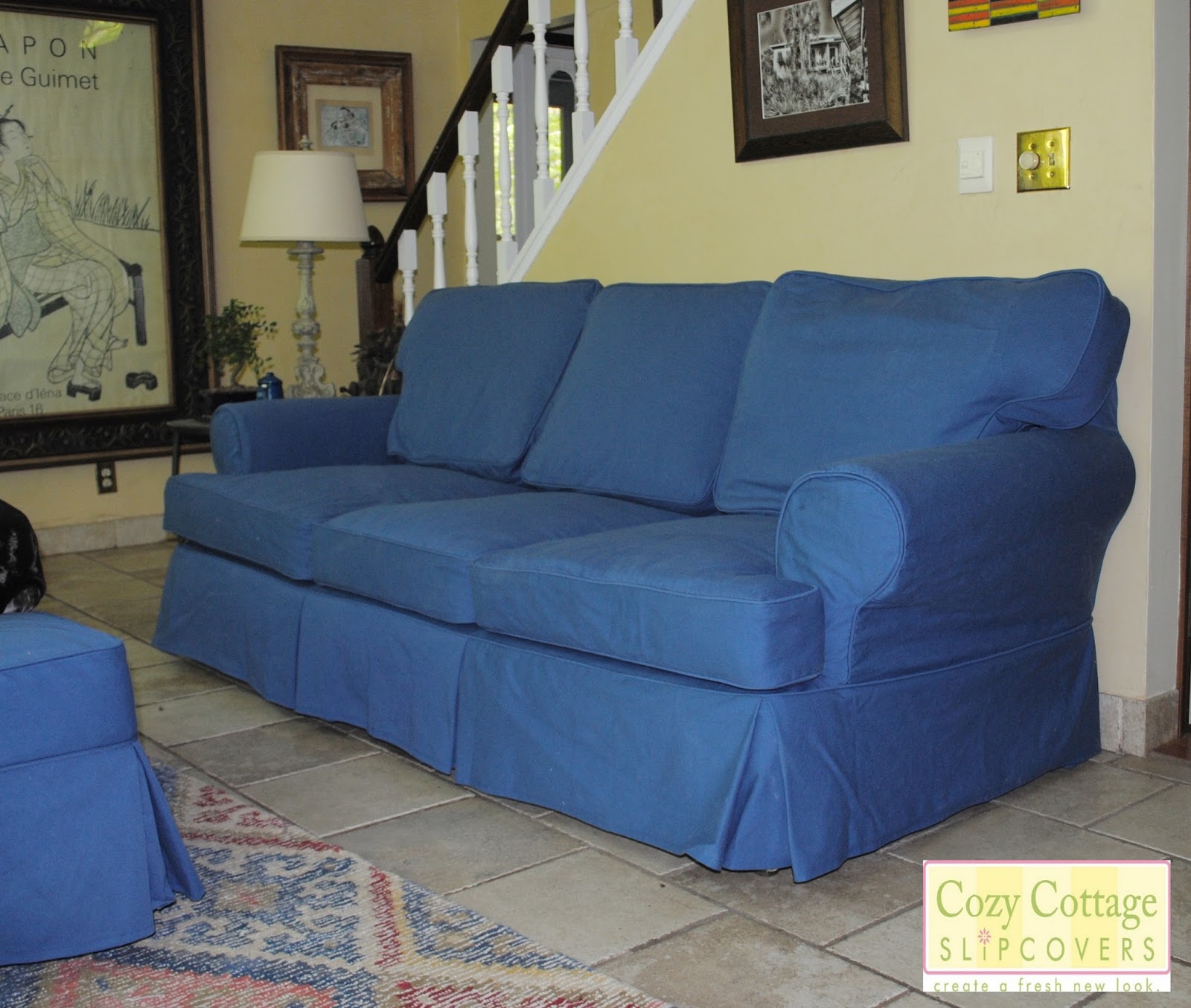 Cozy Cottage Slipcovers Brown Leather to Blue Cotton Slipcover Over