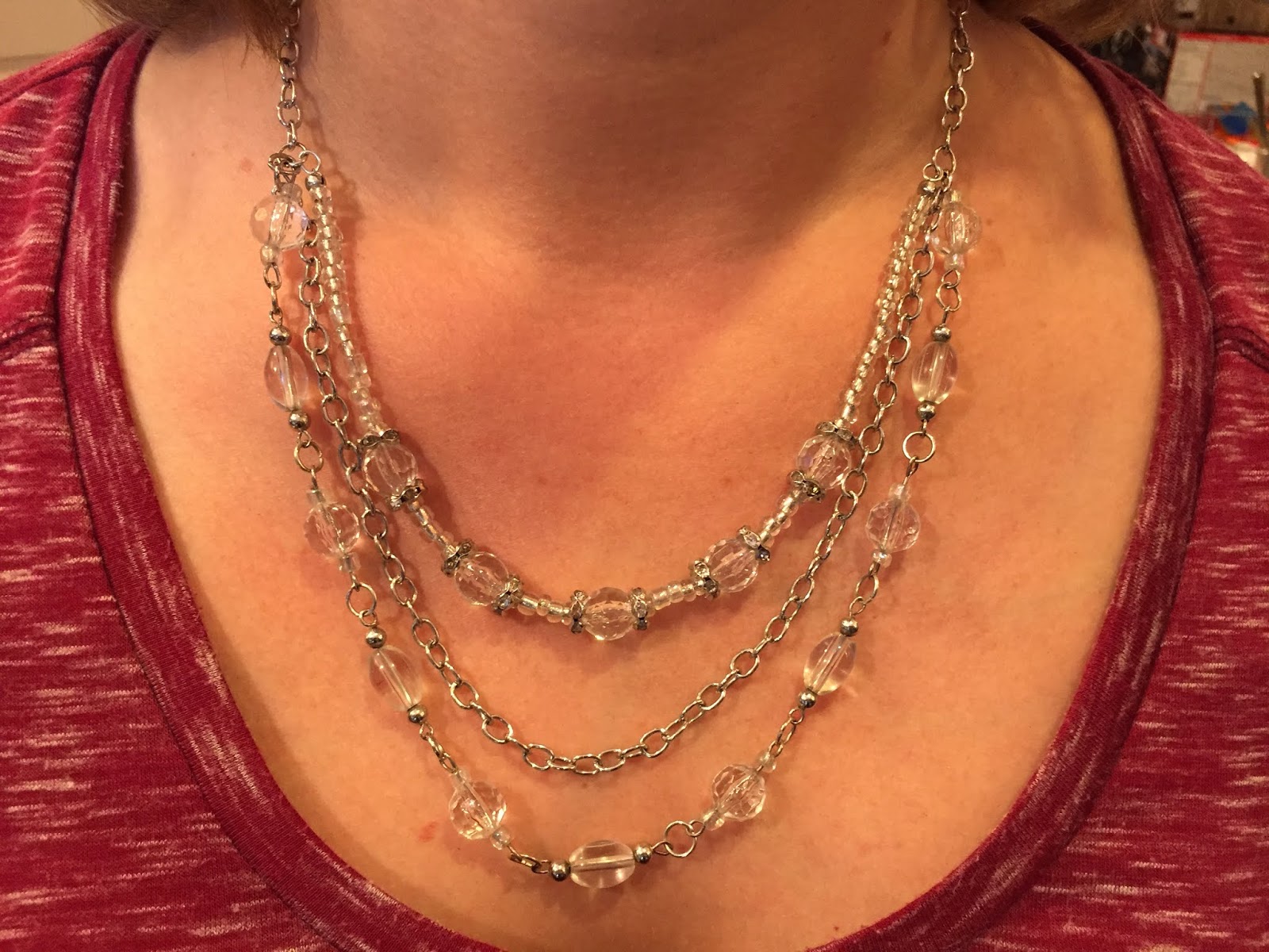 Three strand crackle clear glass bead and silver chain necklace