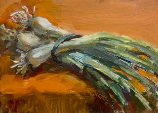 Scallions - original acrylic still life Scallions lying on orange tablecloth, tied with blue rubber band