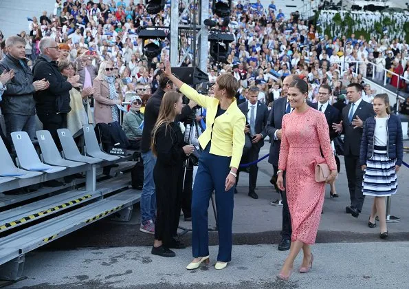 Crown Princess Victoria wore ELIE SAAB Guipure Lace Dress. Estonia's President Kersti Kaljulaid and her husband Georgi-Rene Maksimovski