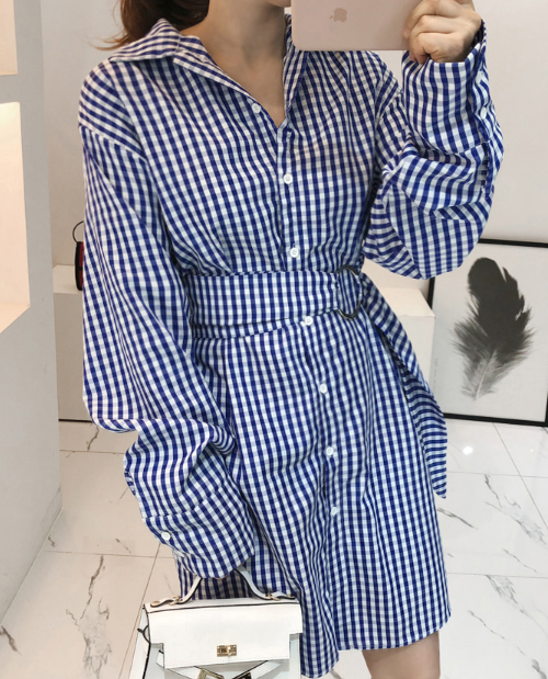 Gingham Check Belted Shirt Dress