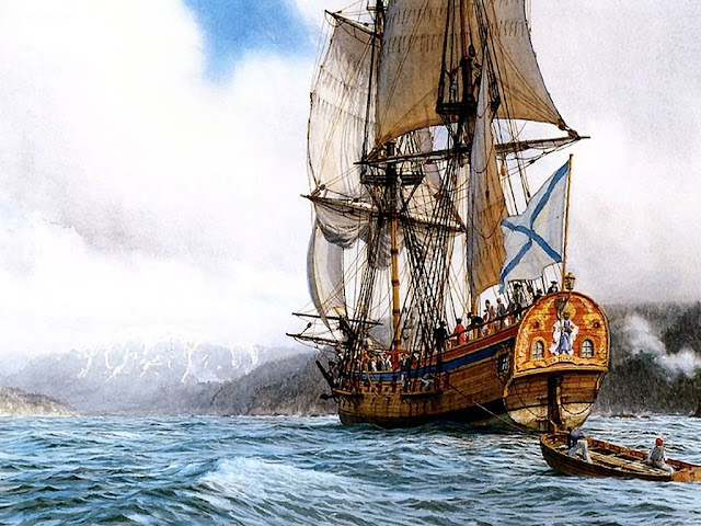 A modern imagination of Bering's "St Peter" sighting the coast of Alaska for the first time in 1741