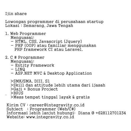 Lowongan Kerja IT Programmer / Developer Perusahaan Startup Integravity.com Lowongan Kerja IT Programmer / Developer Perusahaan Startup Integravity.com