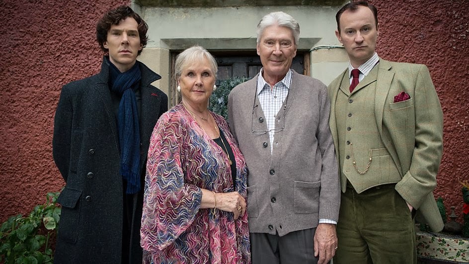 Benedict Cumberbatch with his real life parents Wanda Ventham and Timothy Carlton, and Mark Gatiss as the Holmes family in BBC Sherlock Season 3 Episode 3 His Last Vow