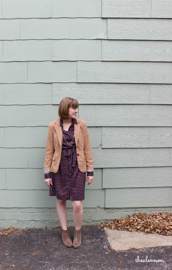 Blazer, shirtdress and ankle boots for spring.