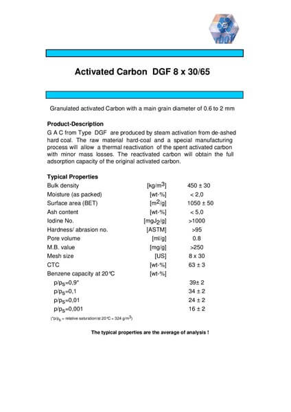 Product Data Sheet (PDS) Karbon Aktif CarboTech DGF 8 x 30/65