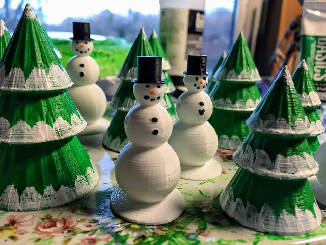 3D Designed and Printed Snowman and Snow topped Trees