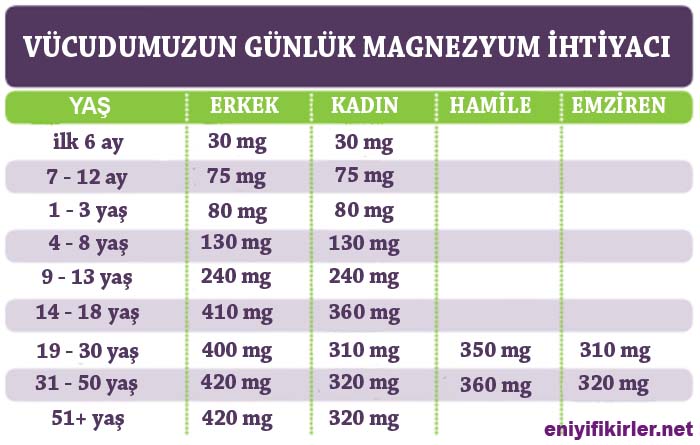 Magnezyum İçeren En Zengin 10 Besin kafınlarda ve erkeklerde günlük magnezyum ihtiyacı