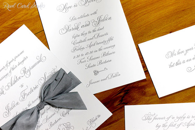 Romantic wedding invitation letterpess printed in gray ink with grey silk bow by Real Card Studio. Ket to my heart suite