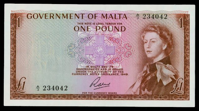Malta Banknotes 1 Pound banknote 1949 Queen Elizabeth II and the George Cross