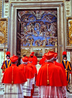 Cardinals enter the Sistine Chapel to begin the election of a new pope.