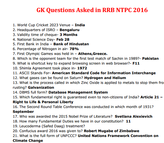 rrb ntpc gk question in hindi pdf 2019