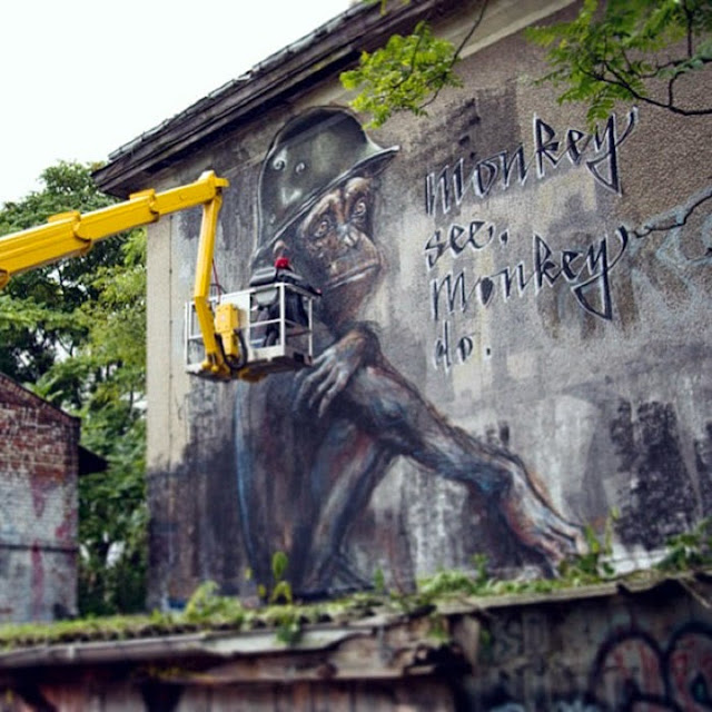 German Street Art Duo Herakut Newest Mural "Monkey See, Monkey Do." In Berlin. 3