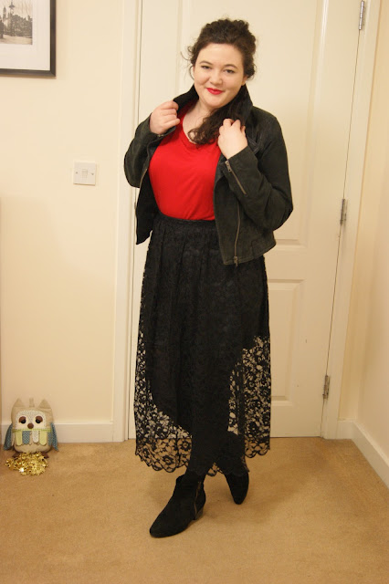 Black lace skirt, red top, leather jacket, black tights and boots 1