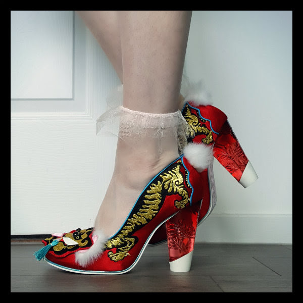 wearing red satin tiger Ruby Envelope by Irregular Choice shoes wearing red satin tiger Ruby Envelope by Irregular Choice shoes