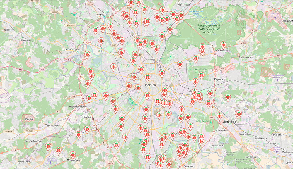 Karte von Moskau, in der alle Erdbeer-Verkaufsstände eingezeichnet sind