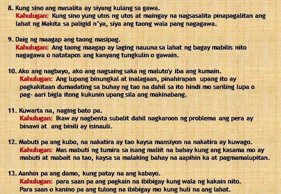 Sampung Halimbawa Ng Kasabihan At Kahulugan Nito