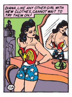 Wonder Woman (1942) #1 Page 13 Panel 7: "Diana, like any other girl with new clothes, cannot wait to try them on." UGH.