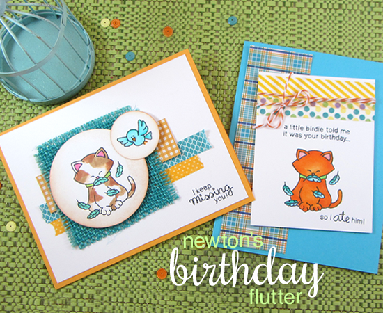 Cat and Bird Birthday Cards by Jennifer Jackson | Newton's Birthday Flutter Stamp set by Newton's Nook Designs