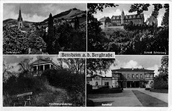 Postkarte aus Bensheim 1920 / 1930 - Ansichten vom nordöstlichen Bensheim, dem Schönberger Schloß, Kirchberghäuschen und Bahnhof, Nachlass Joseph Stol