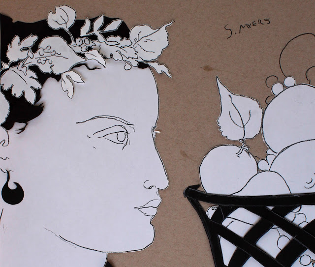 Autumn, Sarah Myers. Detail. autumn, fall, sarah, myers, art, arte, kunst, woman, basket, fruits, fruit, harvest, profile, paper, cut, decoupe, decoupage, collage, contemporary, modern, line, charcoal, drawing, minimal, minimalist, minimalism, wreath, fashion, seasons, line-drawing, detail, close-up, head