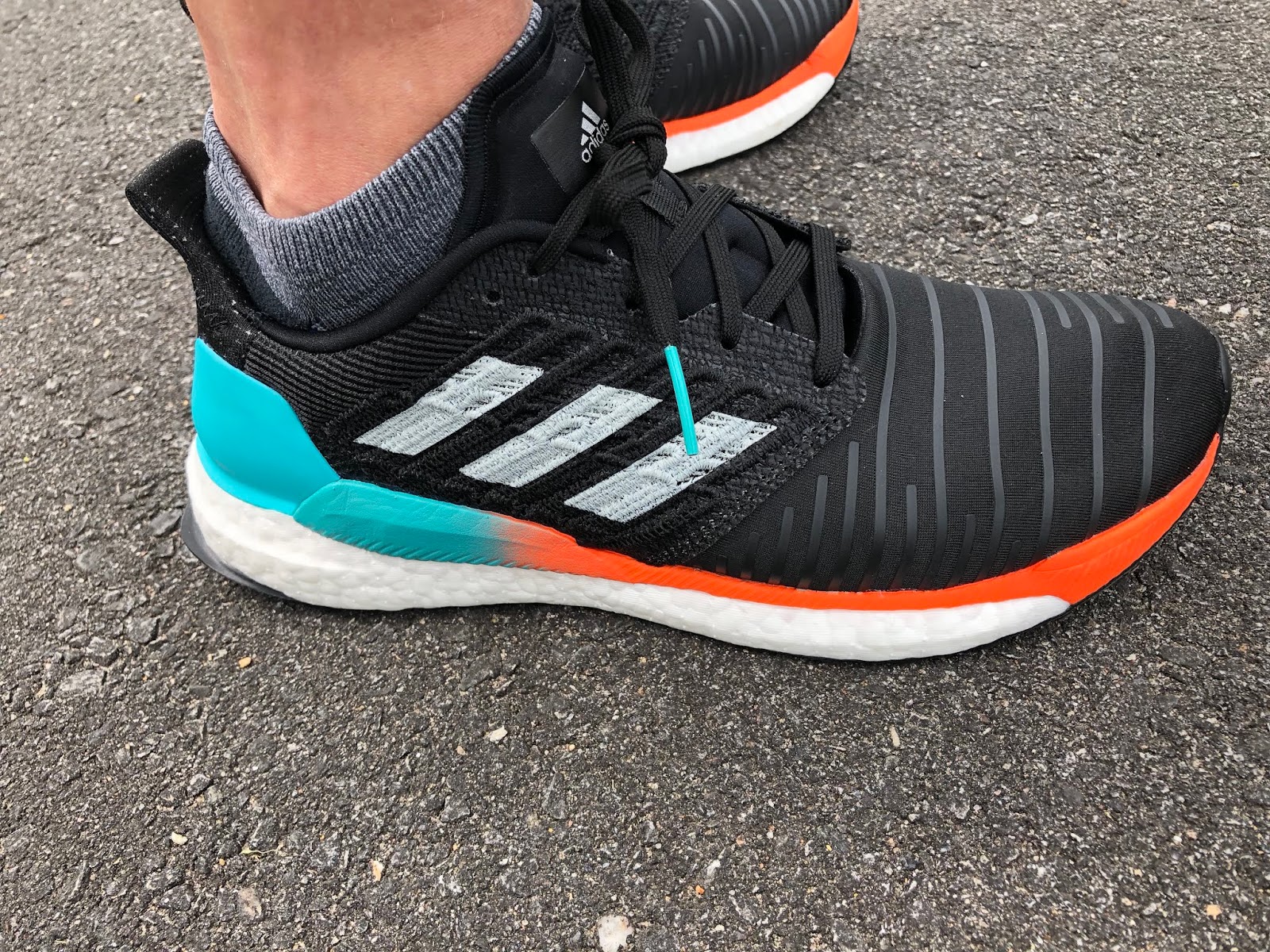 Road Trail Run: adidas Solar Boost Initial Splashy Tropical Vibe. Lively yet Mellow Ride