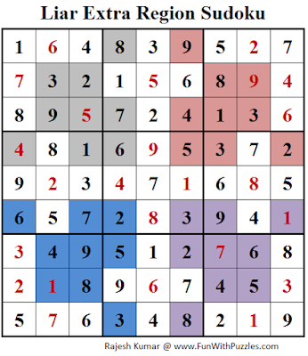 Liar Extra Region Sudoku Puzzle (Daily Sudoku League #189) Solution