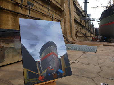 Plein air oil painting of tall ship James Craig in Garden Island Drydock painted by industrial heritage artist Jane Bennett