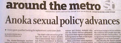 Star Tribune headline, Anoka sexual policy advances