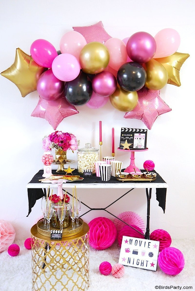 Movie Night Party Ideas in Pink, Gold and Black - easy, glam and girly ideas for hosting a cinema birthday party premiere, or watching the Oscars! by BirdsParty.com @birdsparty #oscarsparty #awardsparty #movieparty #movienightparty #oscarsviewingparty #cinemabirthday #cinemaparty #moviepartyideas #movieprintables
