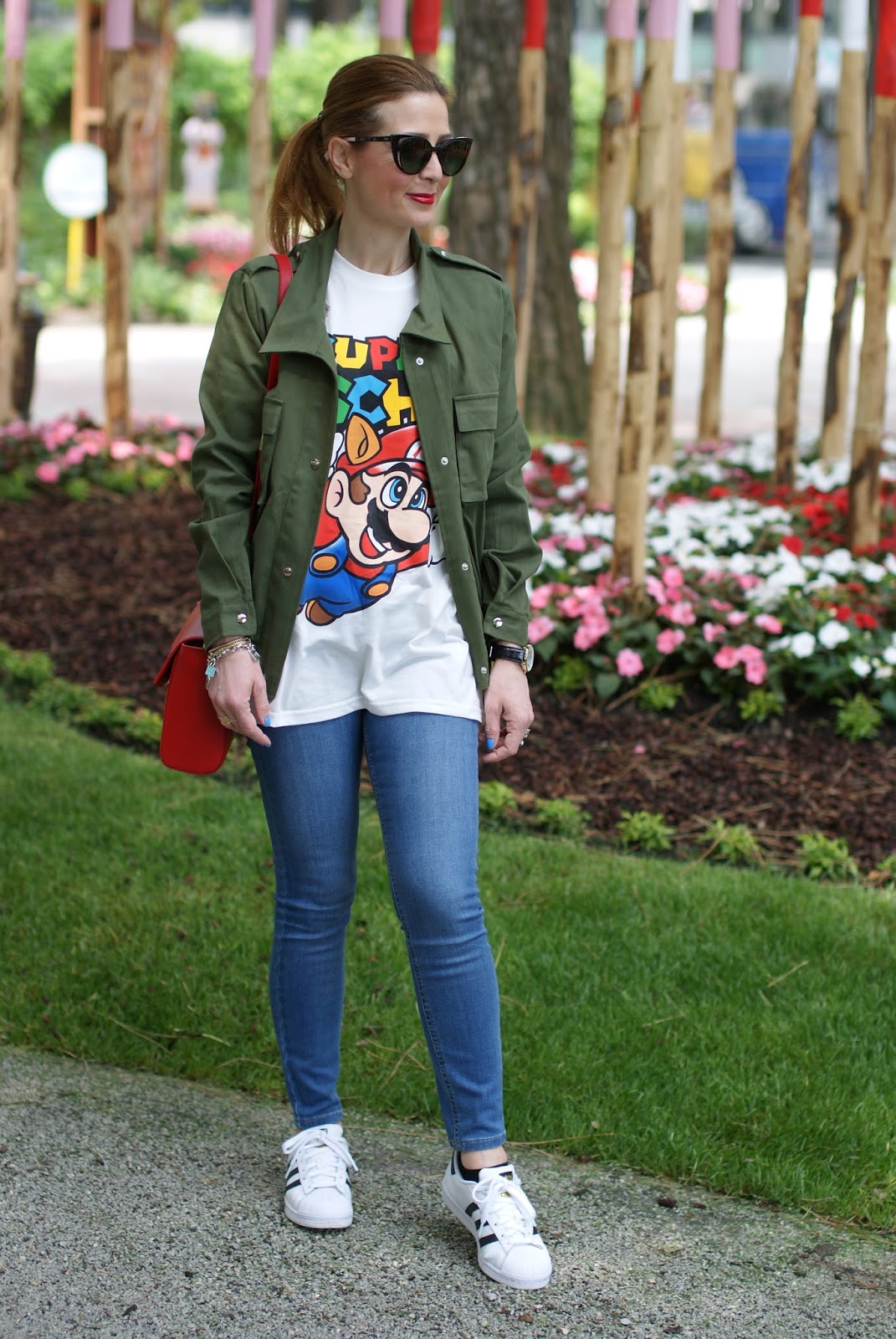 Moschino Super Moschino t-shirt with Super Mario bros, Lookbook Store army green jacket on Fashion and Cookies fashion blog, fashion blogger style