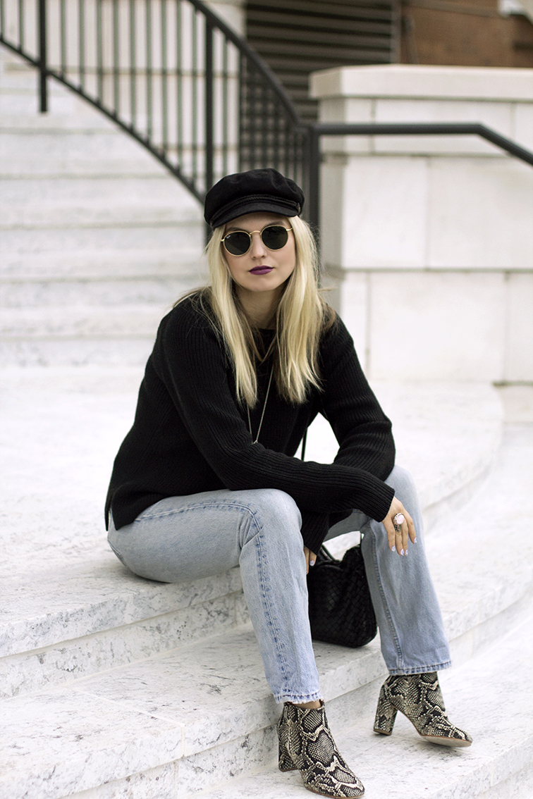 Heleneisfor - Everlane sweater, Levis vintage 501 button fly, Loeffler Randall Greer bootie, Brixton fiddler hat , Ray-Ban Lennon sunglasses, NARS LaPaz lipstick, VERAMEAT wishbone necklace, Static hard as stone nails