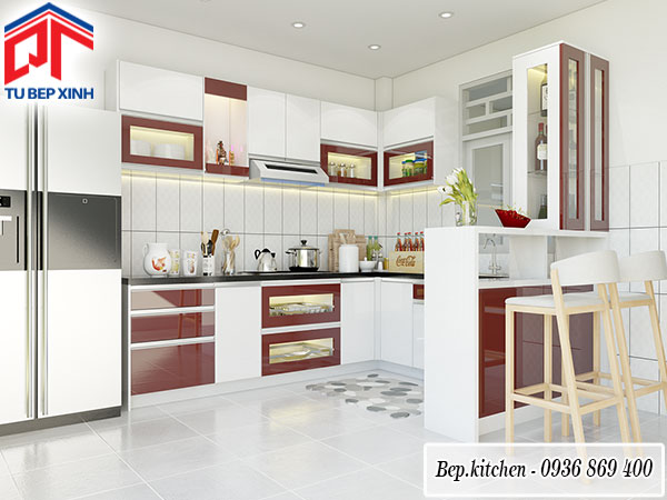 tủ bếp gỗ acrylic màu trắng đỏ t1