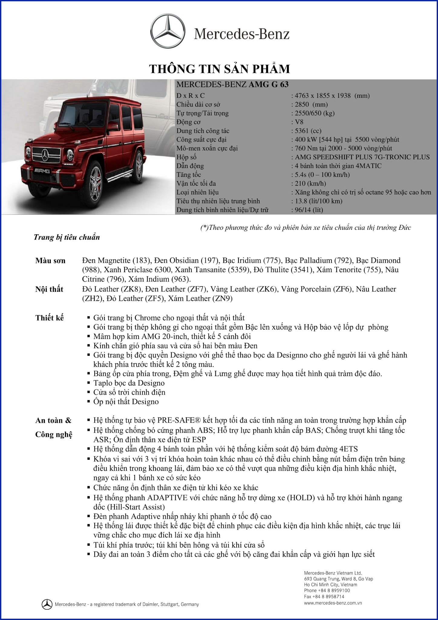 Bảng thông số kỹ thuật Mercedes AMG G63 2018 Bảng thông số kỹ thuật Mercedes AMG G63 2018 tại Mercedes Trường Chinh