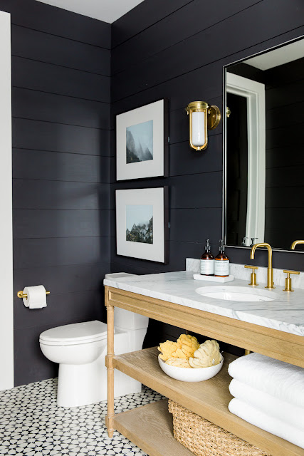 Shiplap painted black in bathroom with modern farmhouse style