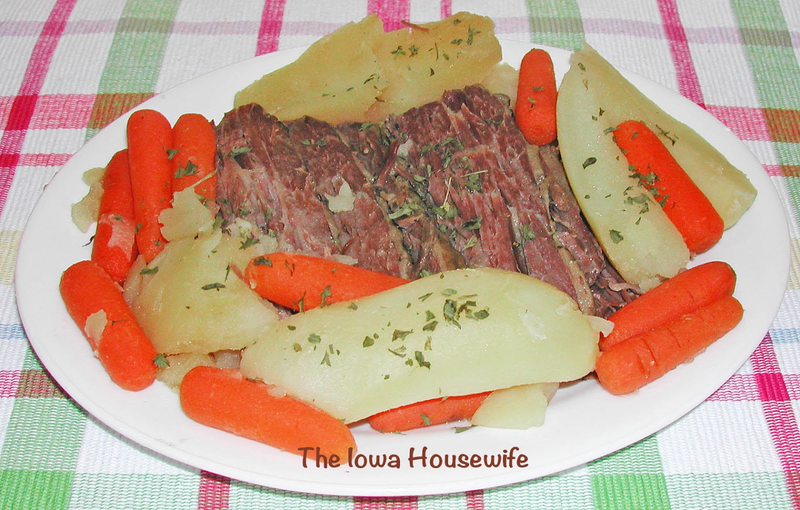 The Iowa Housewife Corned Beef with Potatoes and Carrots