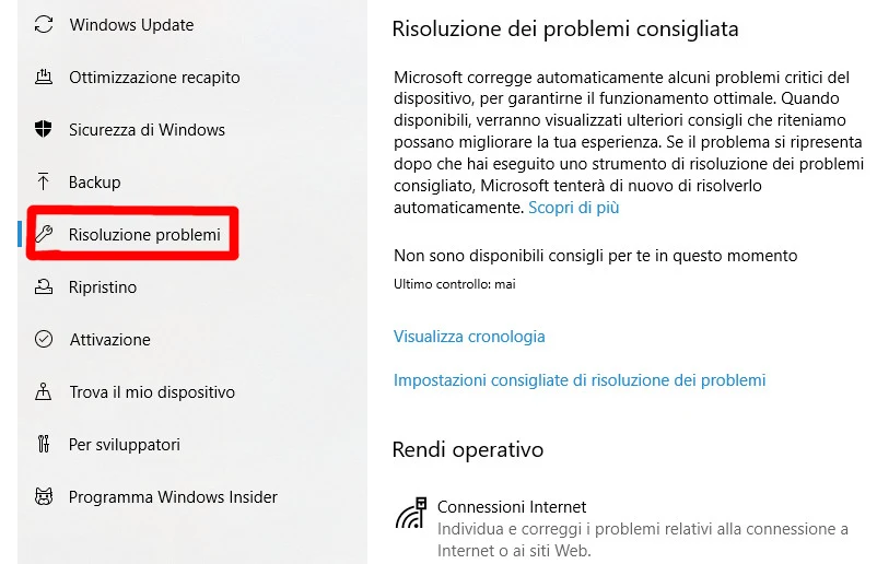 Risoluzione problemi Windows 10
