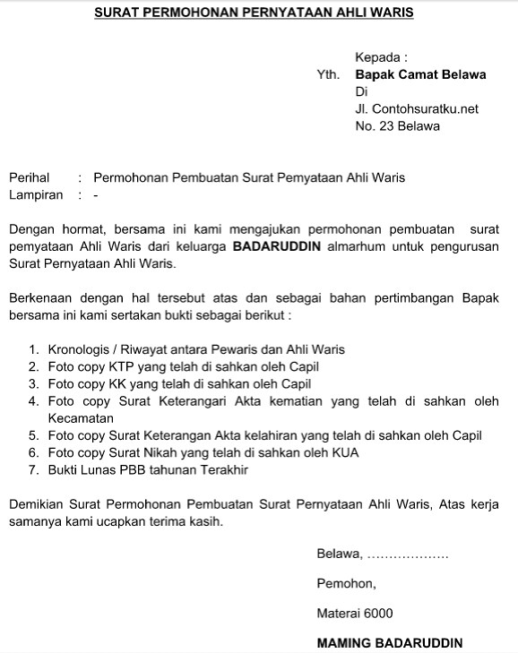 Contoh Surat Keterangan Ahli Waris yang Resmi dan Terbaru 