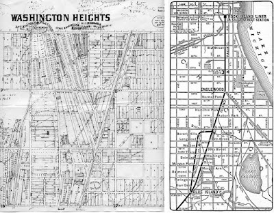 Left: Washington Heights map shows the original suburban line. Right: Map of the suburban line after the extension to Gresham.
