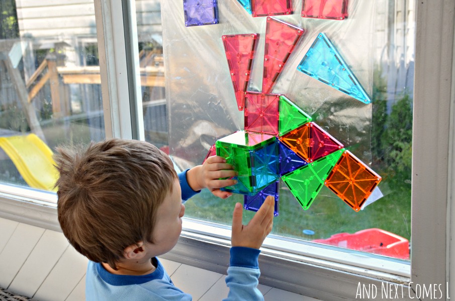 Building 3D shapes on windows using Magna-Tiles from And Next Comes L