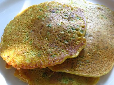 Chickpea Flour Pancakes (Pudla) with Crushed Peas, Ginger, Chilies and Cilantro