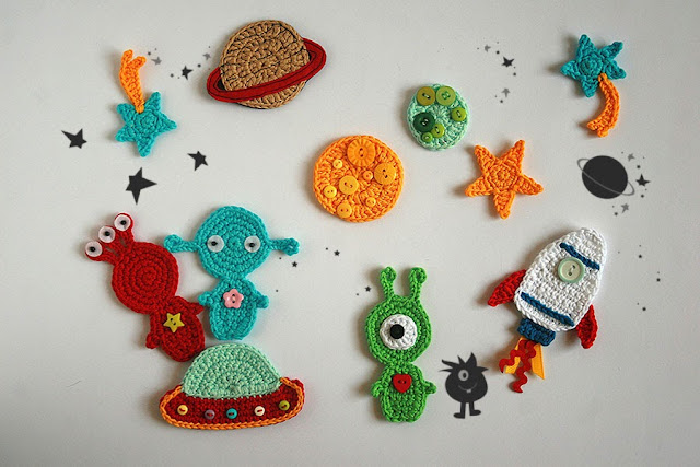 Outer space TomToy Crochet applique, Kids clothing decoration, Crochet patch, Crochet space - Aliens, Planets, Stars, Rocket, Flying saucer,